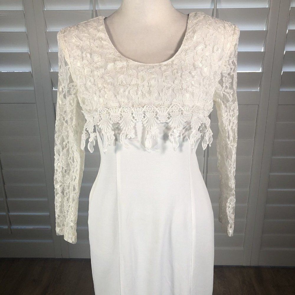Vtg 80s Sheena Cream Ivory Sheath Dress 8 Lace Long Sleeves Romantic Victorian